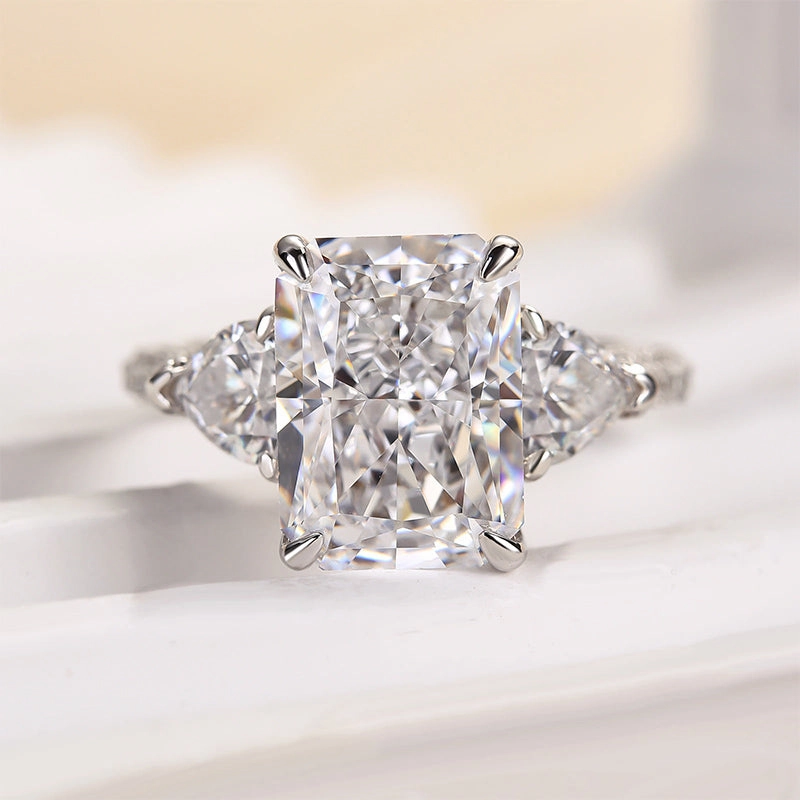 Classy Accent Louily Radiant Cut Three Stone Engagement Ring With Two Heart Cut Side Stones