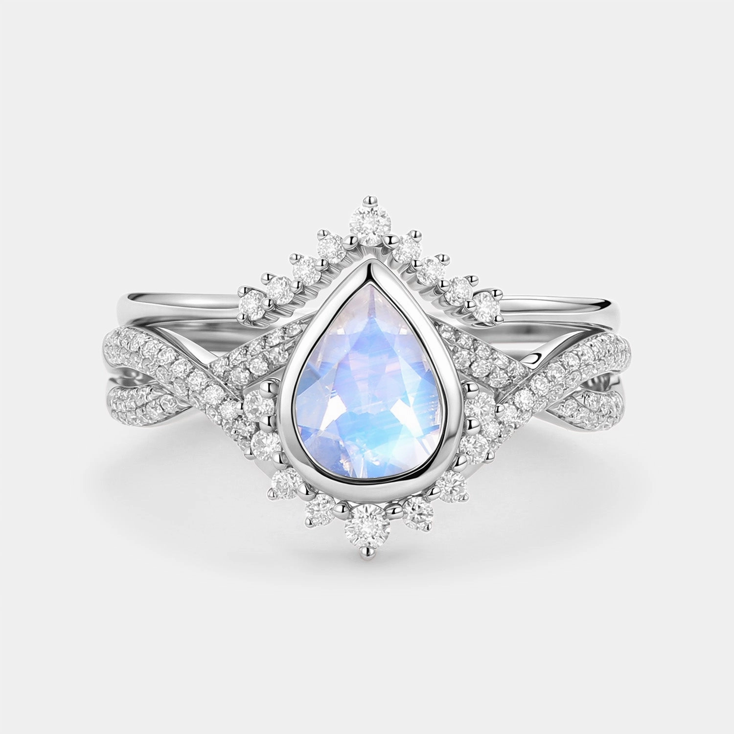 Showstopper Look Pear Moonstone Bezel Infinity Ring Set 2pcs - Lunaire