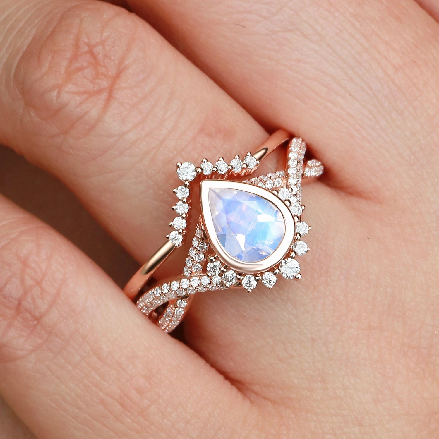 Pear Moonstone Bezel Infinity Ring Set 2pcs - Lunaire Daytime Sparkle
