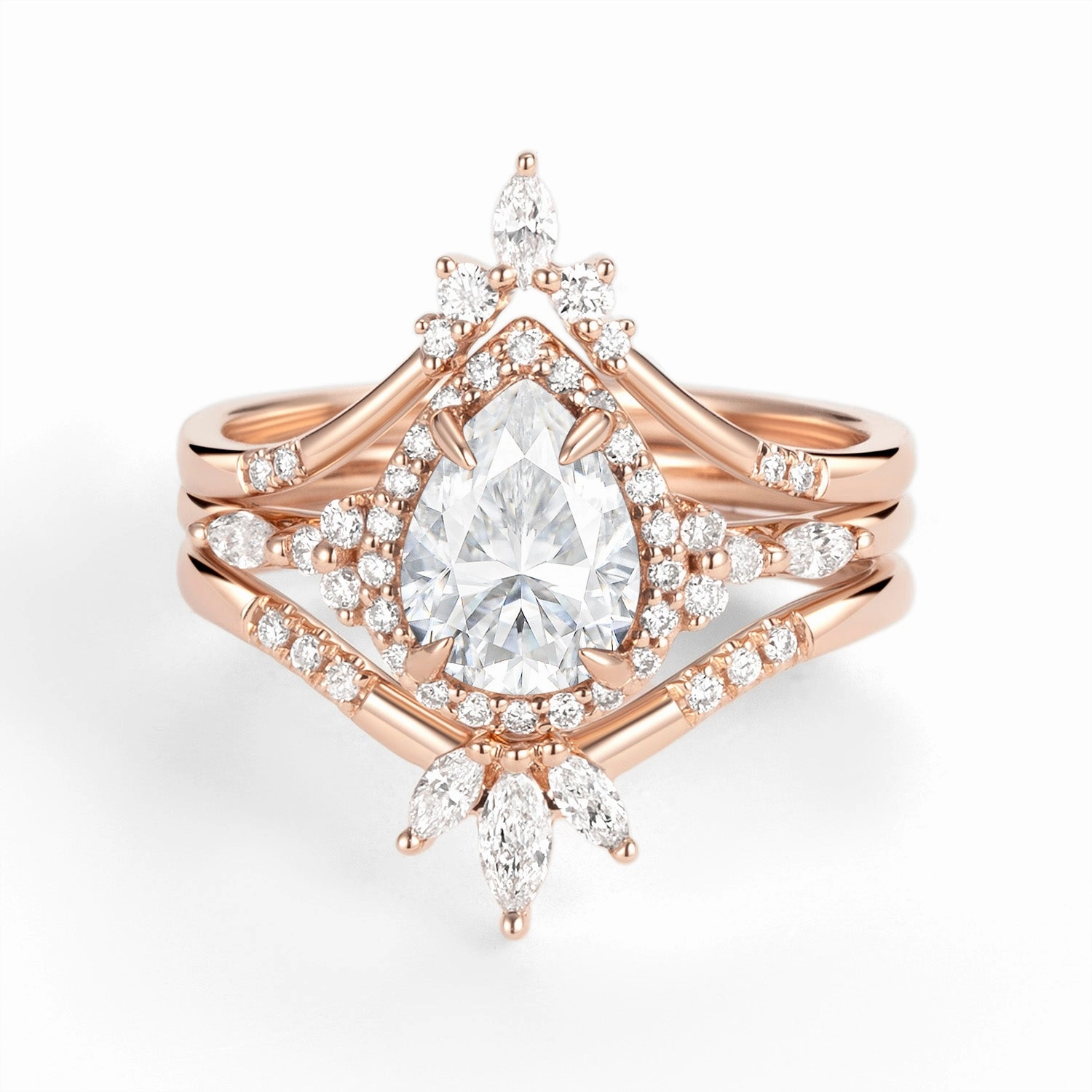 Delicate Glam Halo Pear Moissanite Engagement Ring Sets 3pcs