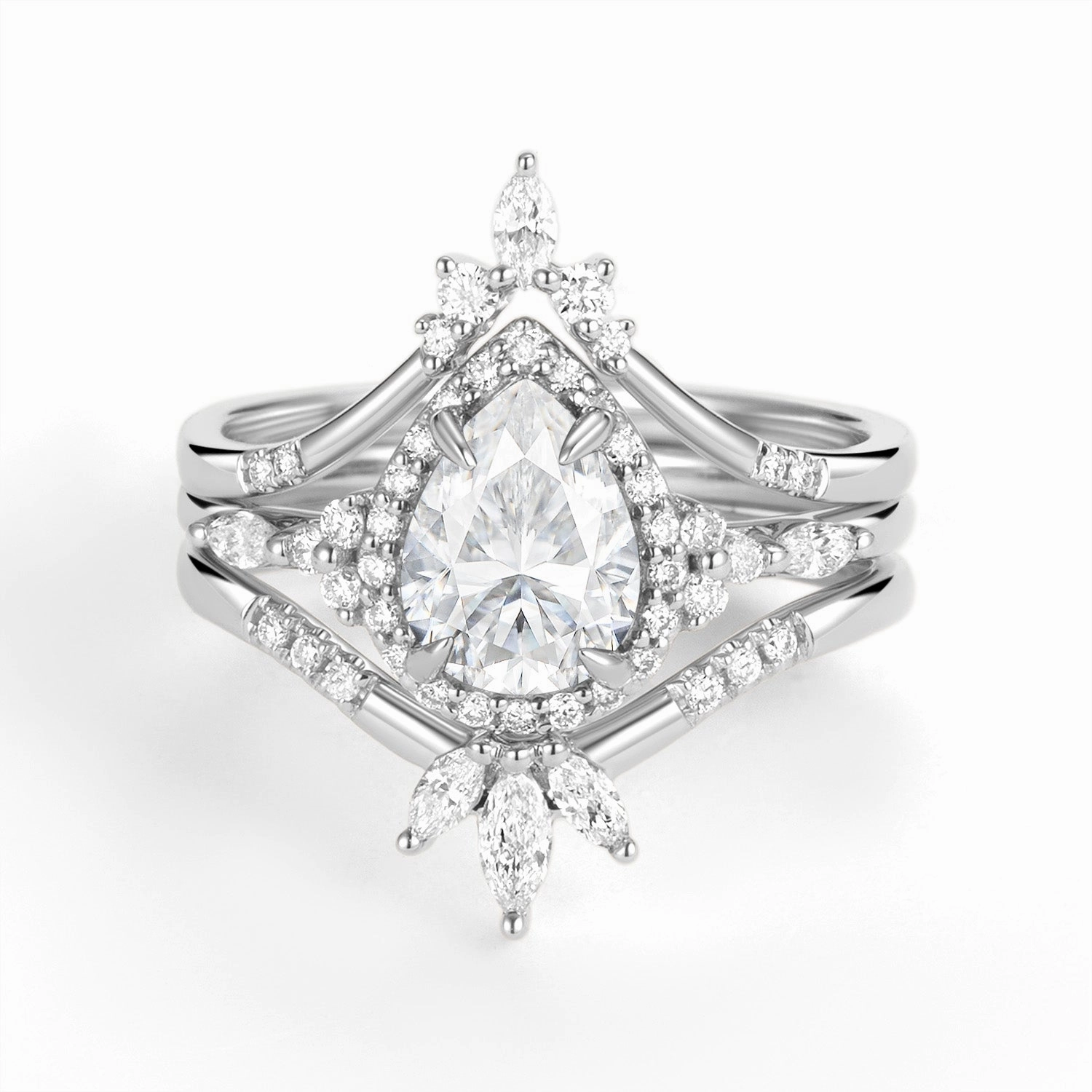 Halo Pear Moissanite Engagement Ring Sets 3pcs Polished Craft Party Design