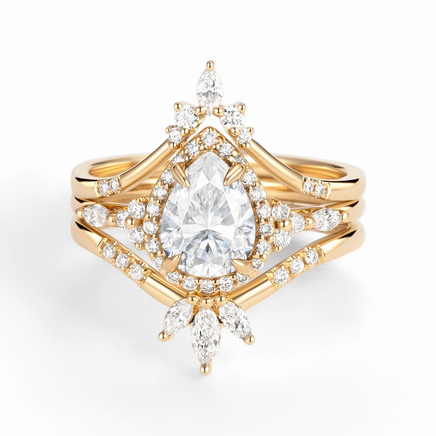 Bold Lines Halo Pear Moissanite Engagement Ring Sets 3pcs