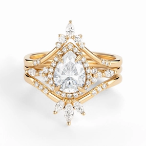 Bold Lines Halo Pear Moissanite Engagement Ring Sets 3pcs
