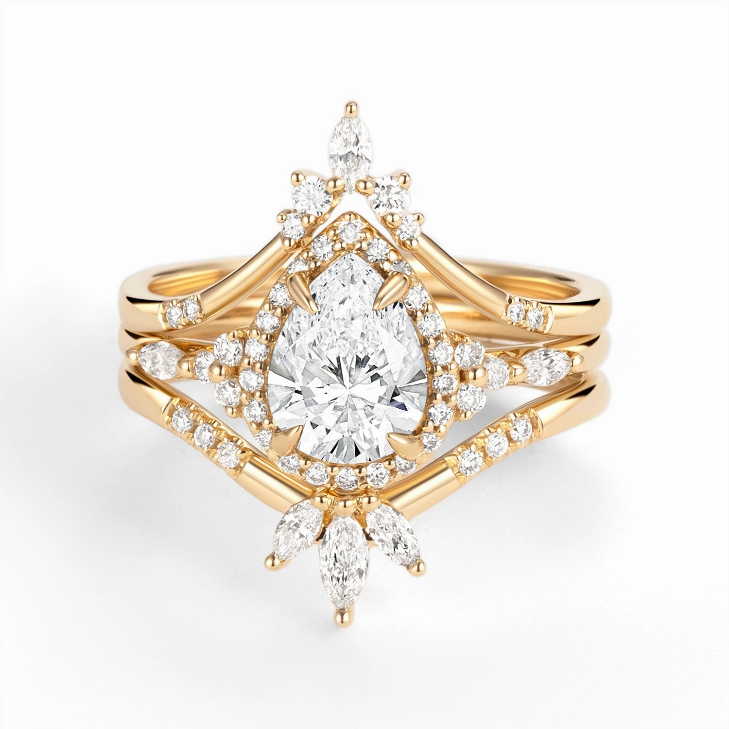 Enchanted Sparkle Versatile Gem Halo Pear Moissanite Engagement Ring Sets 3pcs