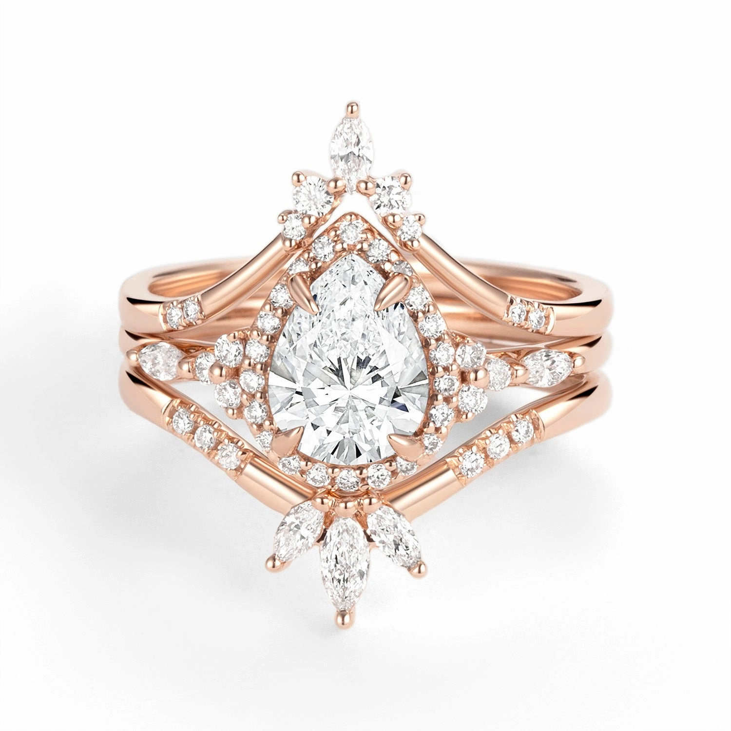 Smooth Feature Handcrafted Feature Halo Pear Moissanite Engagement Ring Sets 3pcs