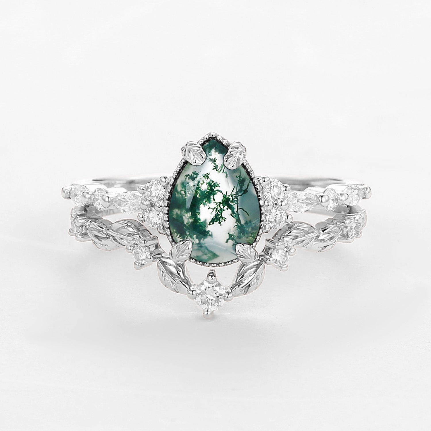 Elite Shape Premium Shine Vintage Pear Shaped Moss Agate Leafy Ring Set 2pcs - Bryony