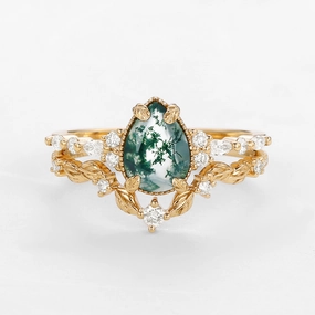 Vintage Pear Shaped Moss Agate Leafy Ring Set 2pcs - Bryony unique touch