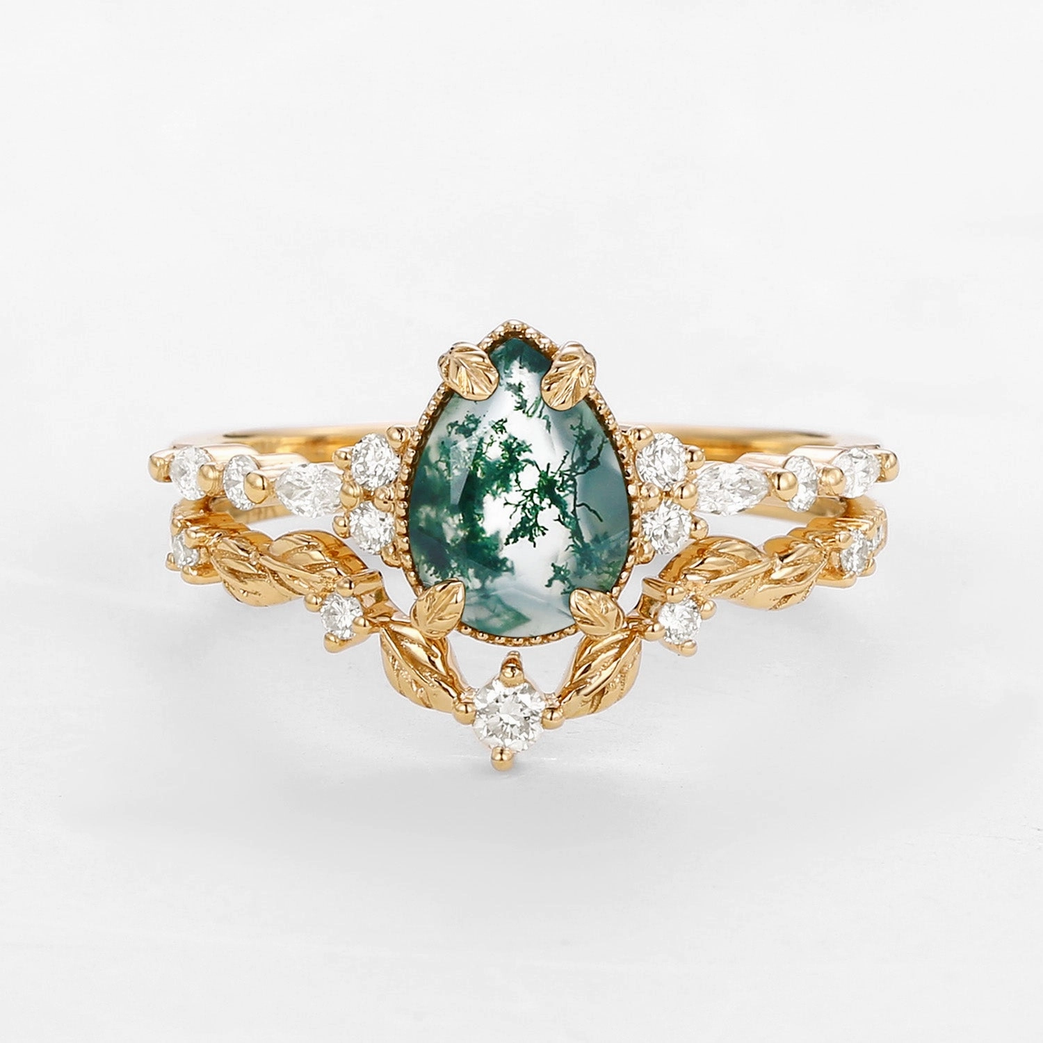 Vintage Pear Shaped Moss Agate Leafy Ring Set 2pcs - Bryony unique touch