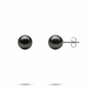 Shiny Design Evening Decoration Tahitian Black Pearl Earrings in White Gold - 8-9mm