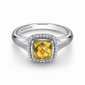 Minimal Look Sterling Silver Beaded Cushion Cut Citrine Ring