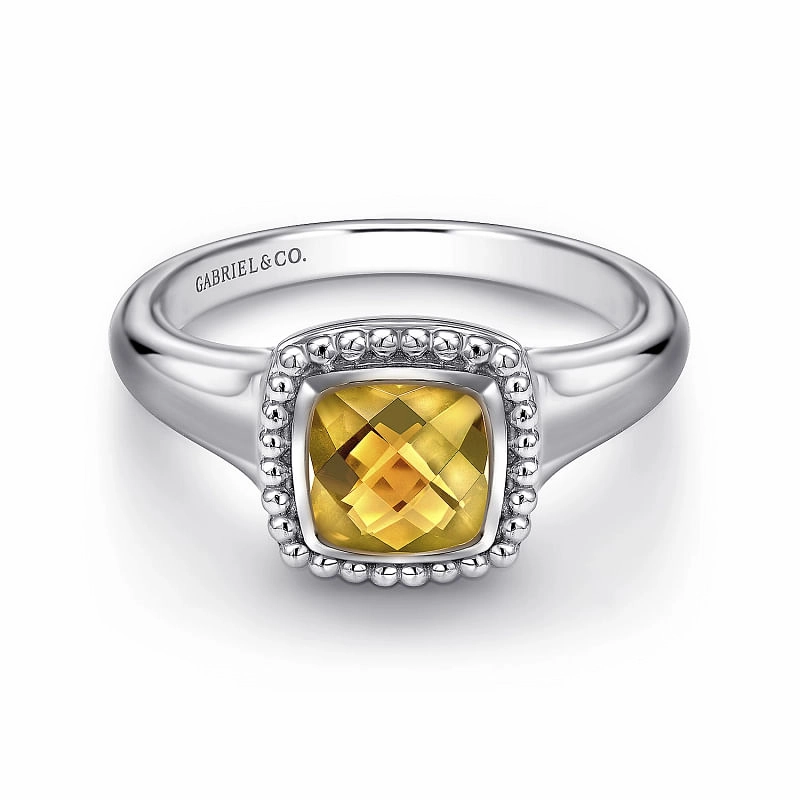 Minimal Look Sterling Silver Beaded Cushion Cut Citrine Ring