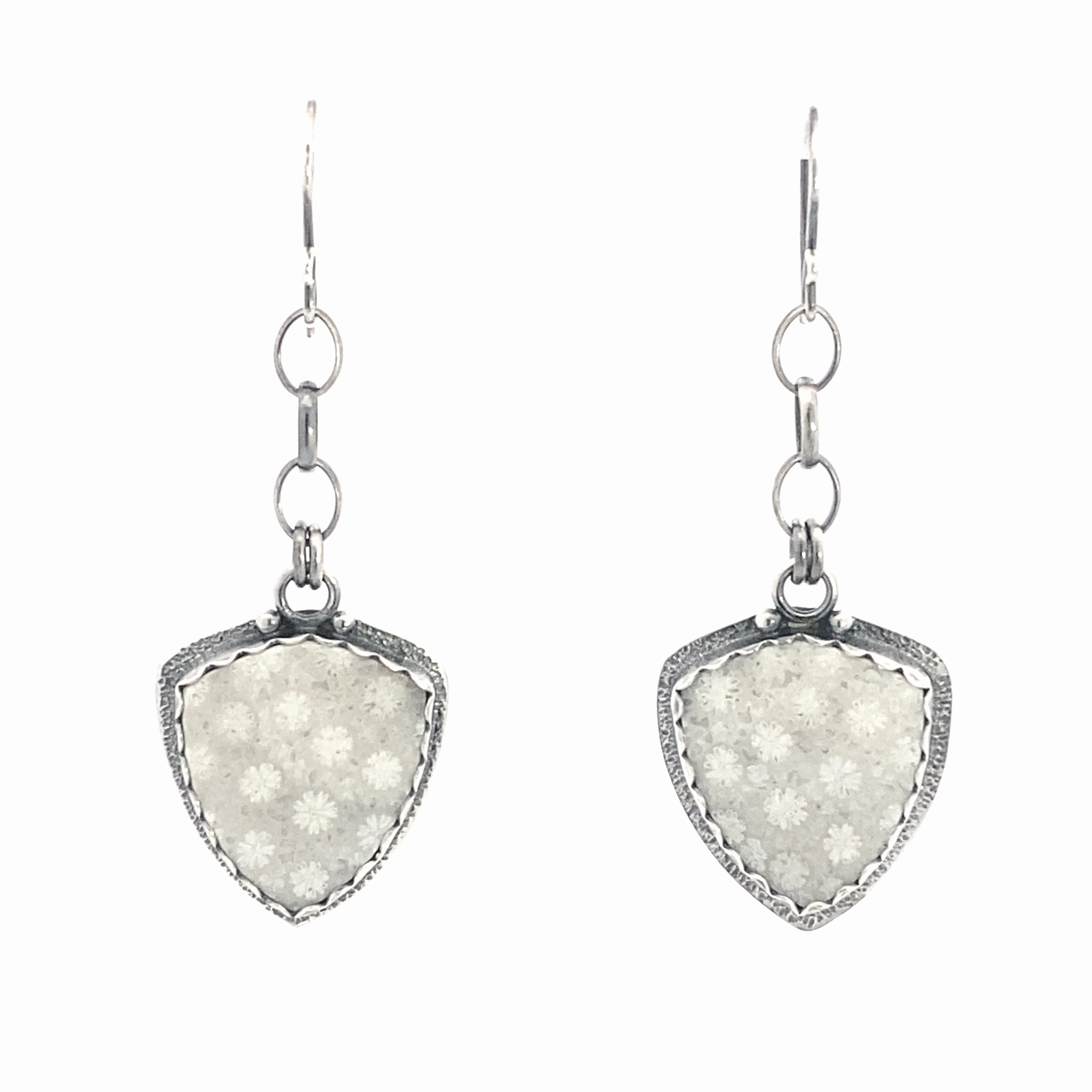 Premium Essential Tiny Ornament Sterling Silver Earrings with Fossil Coral Cabs