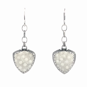 Premium Essential Tiny Ornament Sterling Silver Earrings with Fossil Coral Cabs