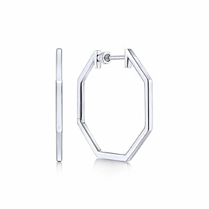 Sterling Silver Geometric Classic Hoop Earrings Secure Accent Radiant Accent