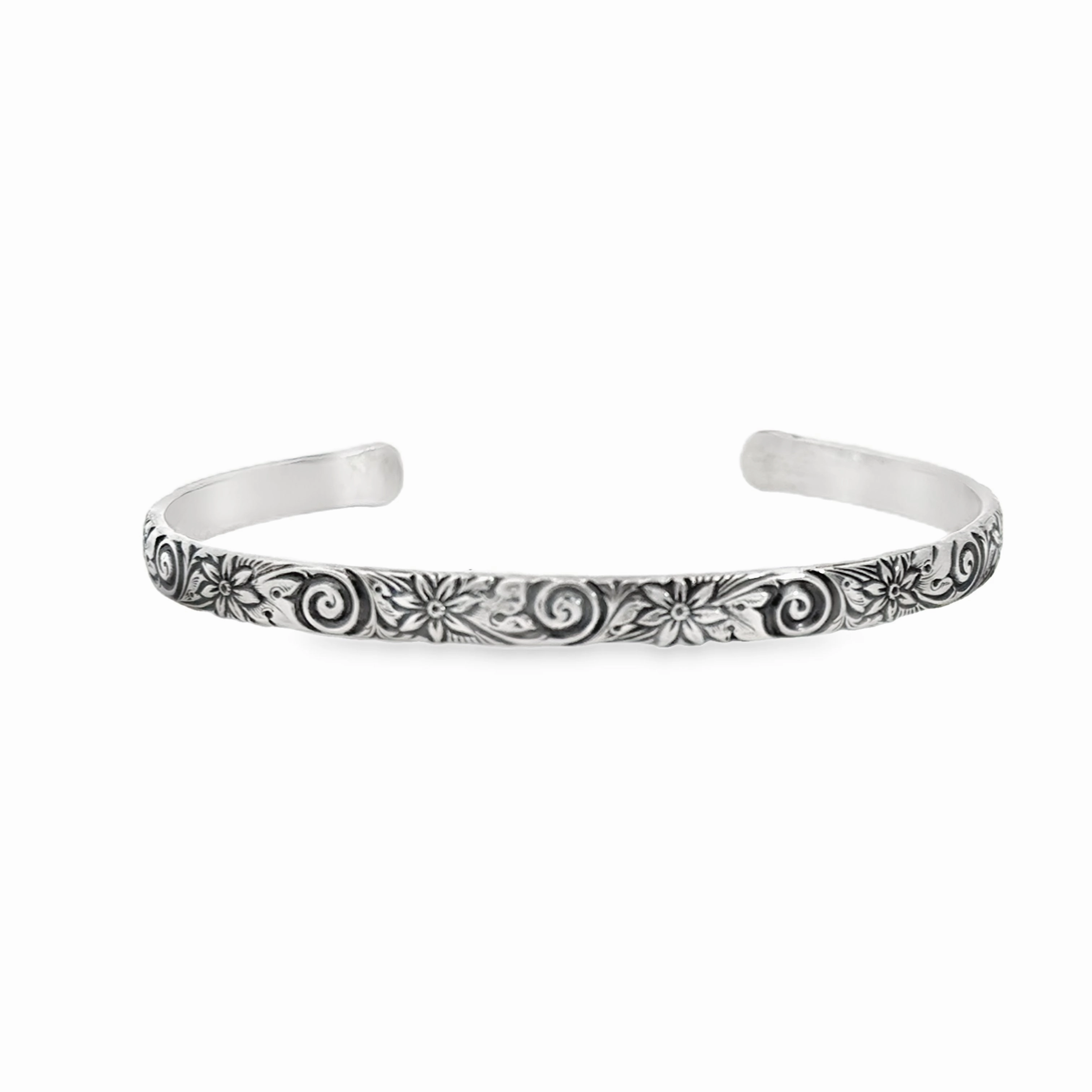Sterling Silver Hand Stamped Floral Cuff Bracelet Non-Binary Today??s Sight