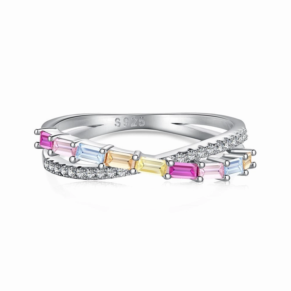 Sterling Silver Multicolor Baguette and Round Cut Crossover Ring Holiday Style