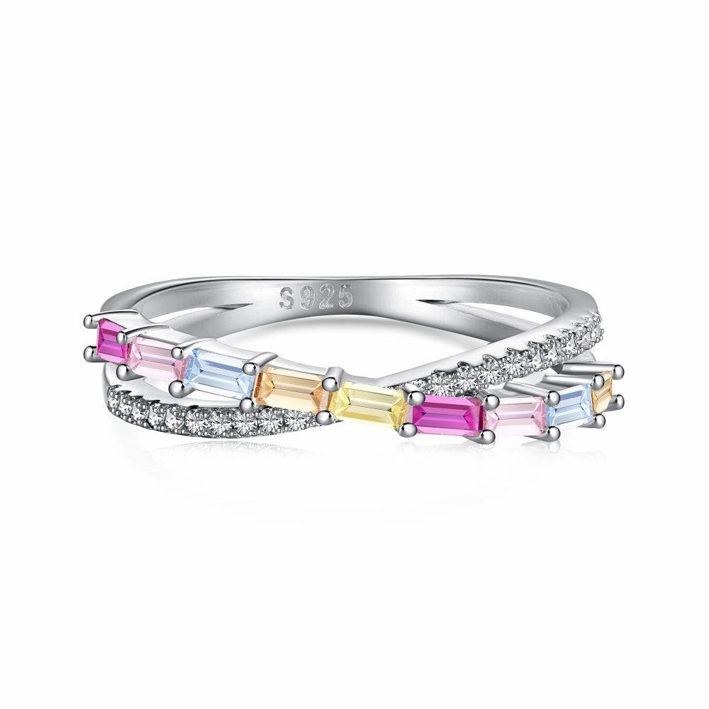 Cozy Look Sterling Silver Multicolor Baguette and Round Cut Crossover Ring