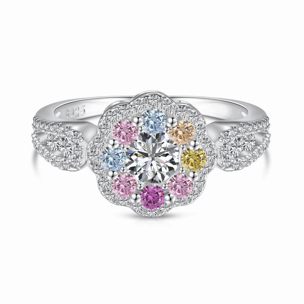 Sterling Silver Multicolor Halo Flower Ring with White and Pastel Gemstones Quick Shine