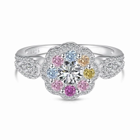Sterling Silver Multicolor Halo Flower Ring with White and Pastel Gemstones Smooth Curve Graceful Motion