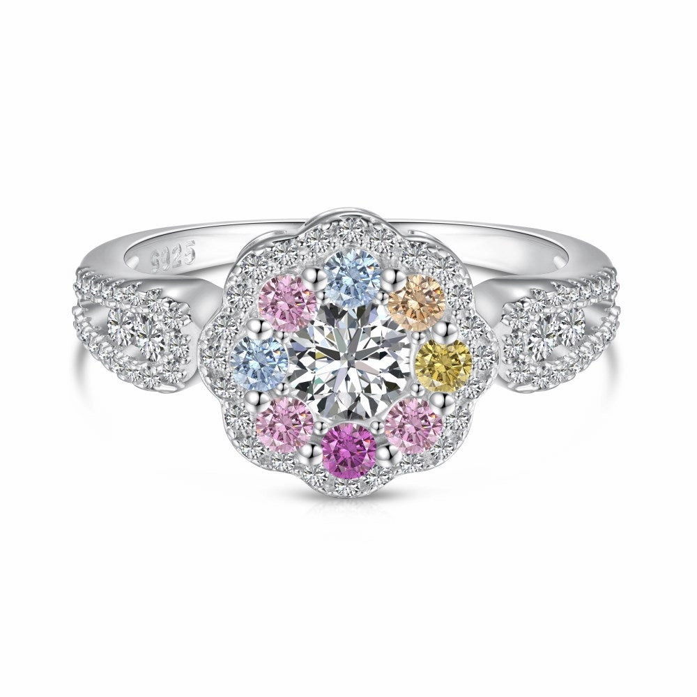 Sterling Silver Multicolor Halo Flower Ring with White and Pastel Gemstones Smooth Curve Graceful Motion