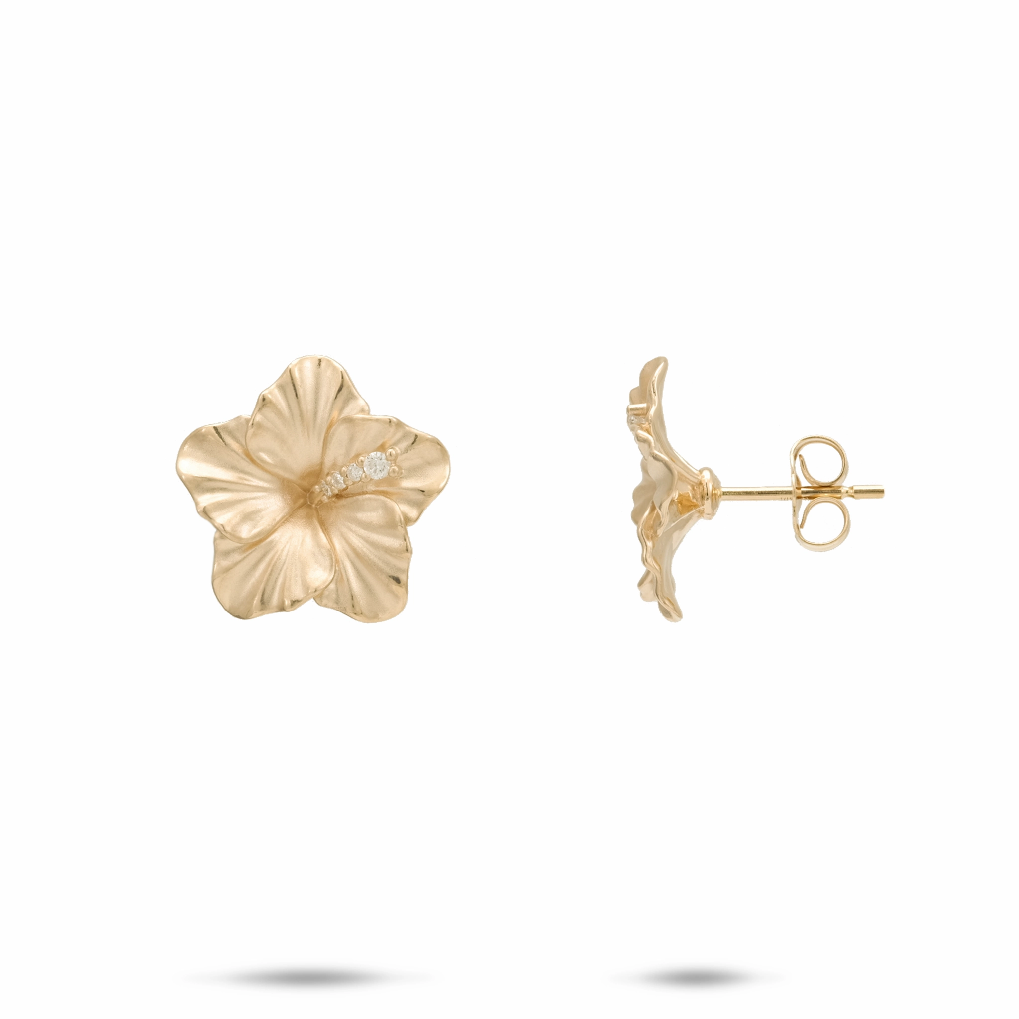 Vintage Selection Hawaiian Gardens Hibiscus Earrings in Gold with Diamonds - 14mm