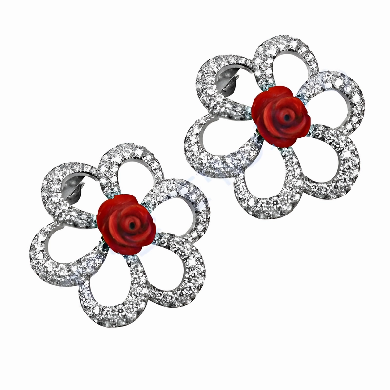Modern Vibe Sparkling Accessory Stunning Rose Flower Gemstone Silver Earrings with CZ Synthetic Coral