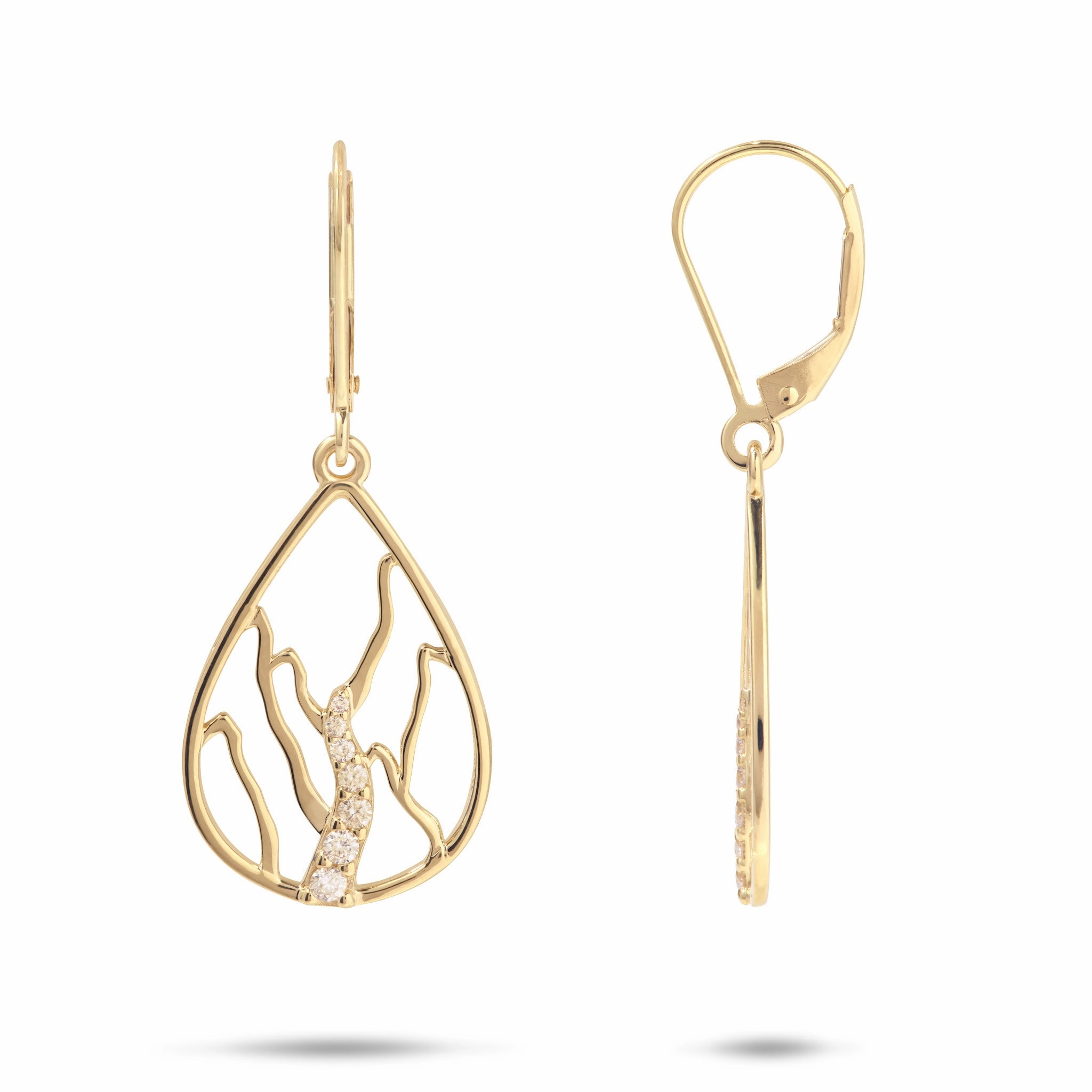 Unique Accent Understated Form Ko?olau Waterfall Earrings in Gold with Diamonds - 21mm