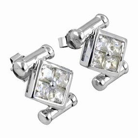 Stylish Ornament Curved Accessory Stunning 925 Sterling Silver Earrings with Cubic Zirconia Gemstones - Cube Design, Wholesale Jewelry