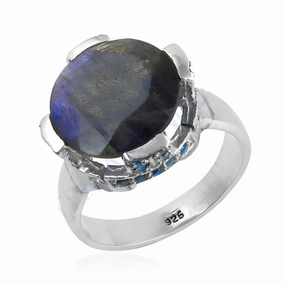 Stunning Blue Cubic Zirconia & Labradorite Silver Ring by Famous Designer Dramatic Detail