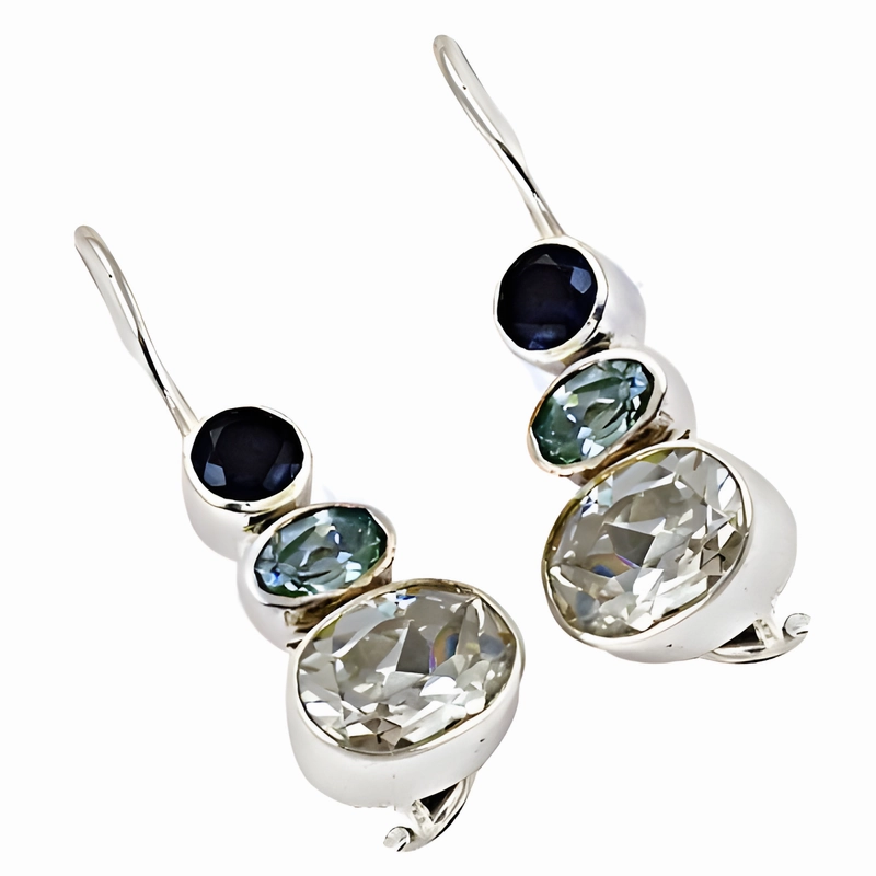 Shiny Aesthetic Stunning Classic Cubic Zirconia & Iolite Gemstone Silver Earrings