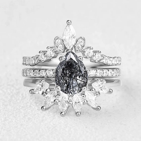 Timeless Duo Pear Shaped Black Rutilated Quartz Engagement Ring Set 3pcs