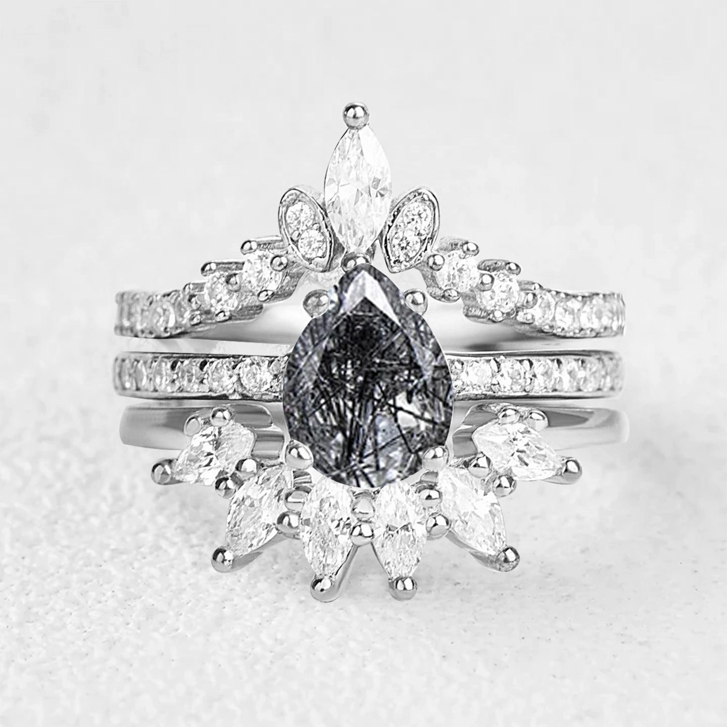 Pear Shaped Black Rutilated Quartz Engagement Ring Set 3pcs Silhouetted Shine