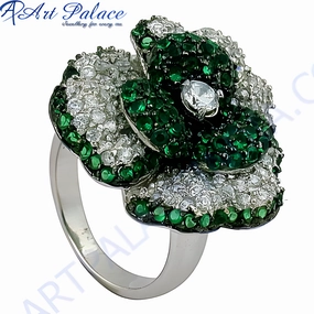 Bold Creation Stunning Green & White Cubic Zirconia Silver Ring - Beautiful Flower Style