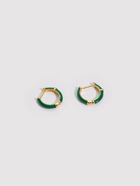 Polished Detail Classic Aesthetic Lunette Green Enamel Huggie Hoop Earrings with Zirconia Gemstones