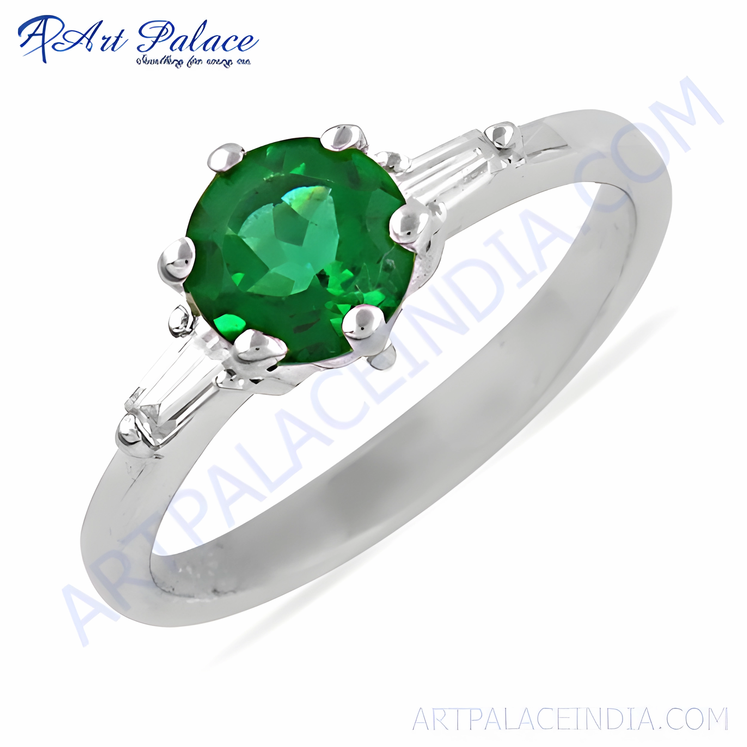 Stunning Royal Green & White Cubic Zirconia Gemstone Silver Ring Resilient Appearance Sturdy Jewelry