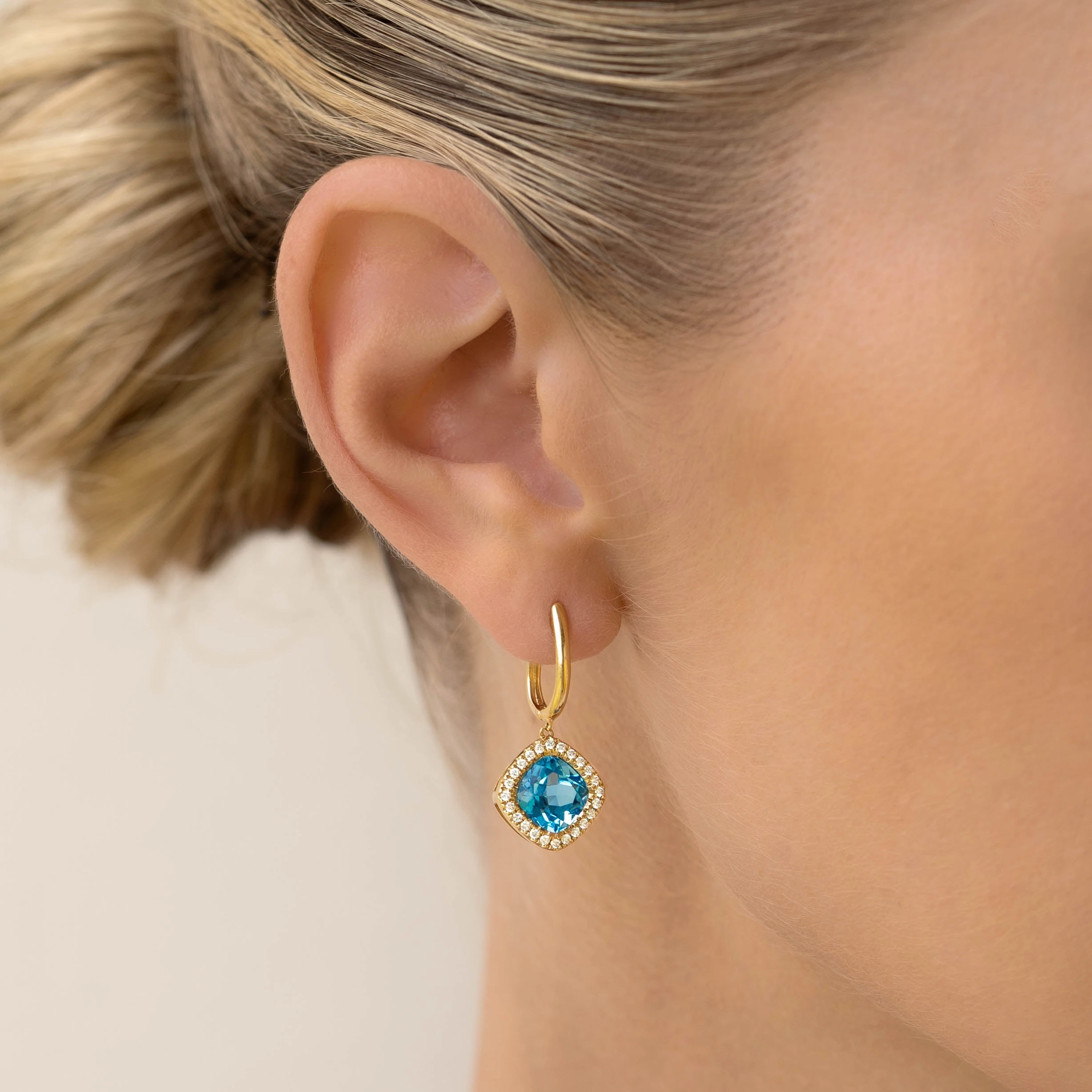 Swiss Blue Topaz and Diamond Halo Drop Earrings 14k Gold - Elvira Sophisticated Finish