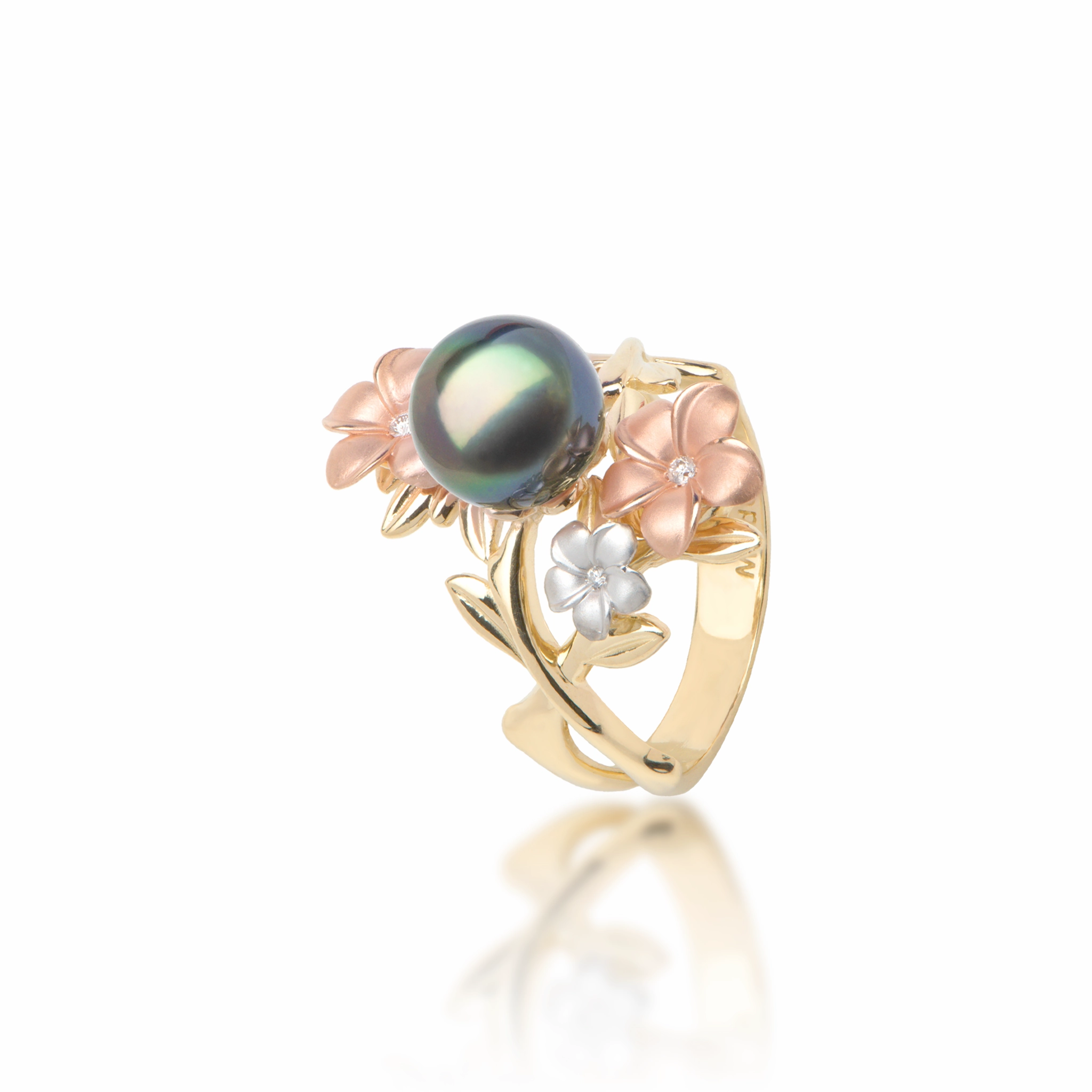 Pearls in Bloom Plumeria Tahitian Black Pearl Ring in Tri Color Gold with Diamonds - 22mm Subtle Mood