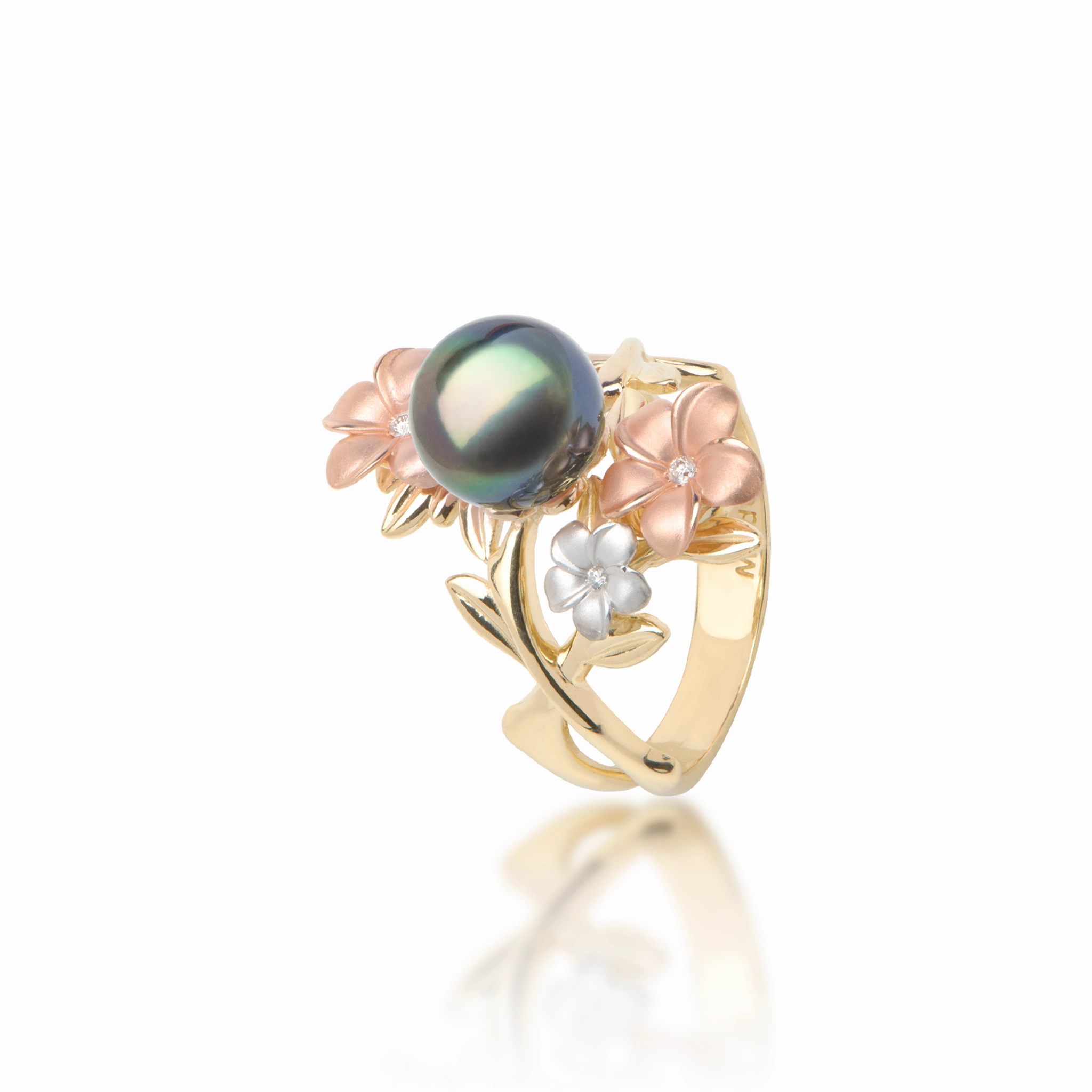 Pearls in Bloom Plumeria Tahitian Black Pearl Ring in Tri Color Gold with Diamonds - 22mm Contemporary Jewelry Sparkling Jewelry