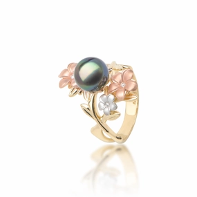 Pearls in Bloom Plumeria Tahitian Black Pearl Ring in Tri Color Gold with Diamonds - 22mm Subtle Mood