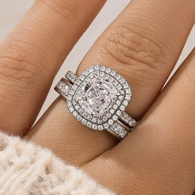 Double Halo Cushion Cut 2 Carat Engagement Ring With Channel Set Wedding Band Sculpted Shape