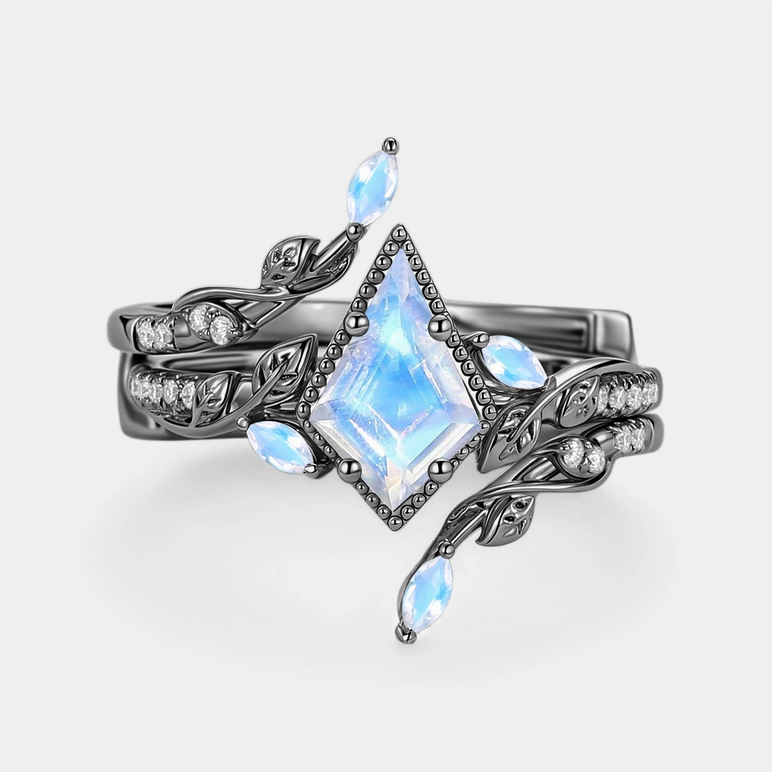 Leafy Vintage Kite Cut Moonstone Cage Engagement Ring Set 2pcs - Breeze Daily Style