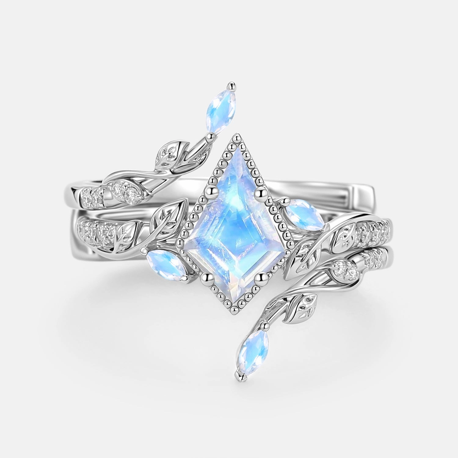 Leafy Vintage Kite Cut Moonstone Cage Engagement Ring Set 2pcs - Breeze Dramatic Flare Artful Feature