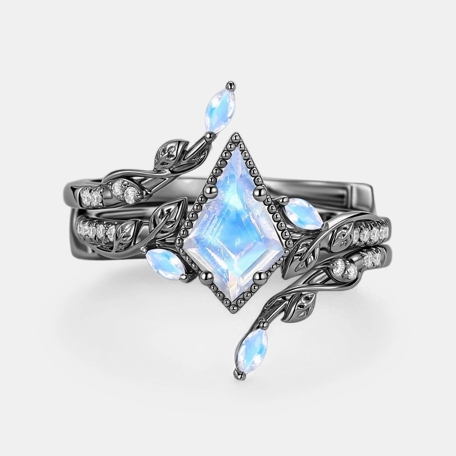 Leafy Vintage Kite Cut Moonstone Cage Engagement Ring Set 2pcs - Breeze Trend Setter