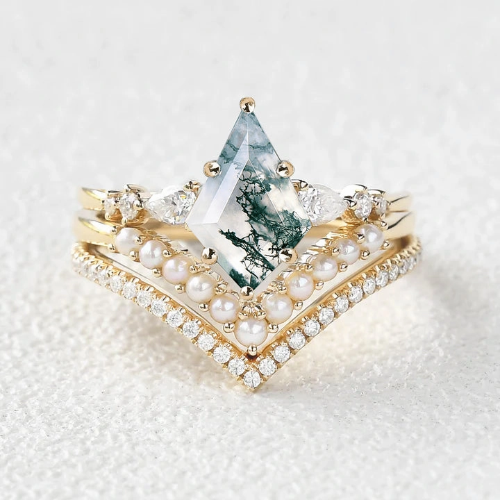 Kite Cut Moss Agate Pearl Stacking Engagement Bridal Set 3pcs Luxe Craft Vibrant Edge