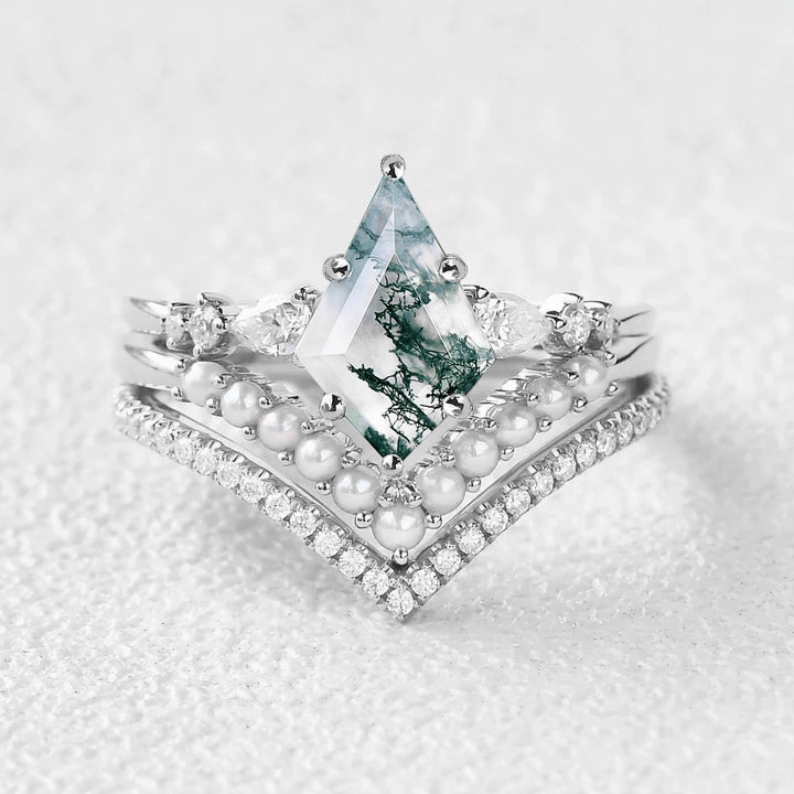 Exclusive Design Kite Cut Moss Agate Pearl Stacking Engagement Bridal Set 3pcs