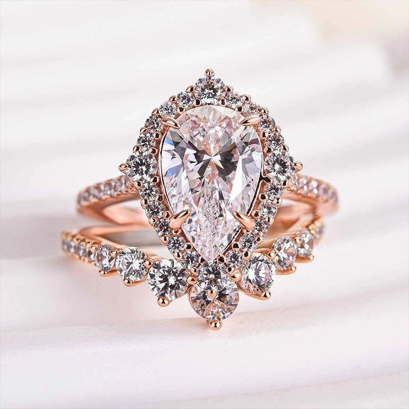 Louily Elegant Rose Gold 2.2 Carat Halo Pear Cut Bridal Ring Set In Sterling Silver Occasion Accent Date Look