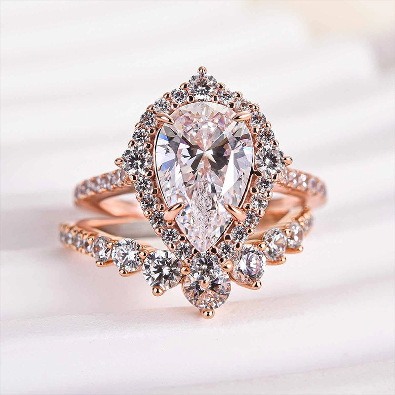 Louily Elegant Rose Gold 2.2 Carat Halo Pear Cut Bridal Ring Set In Sterling Silver Party Gift