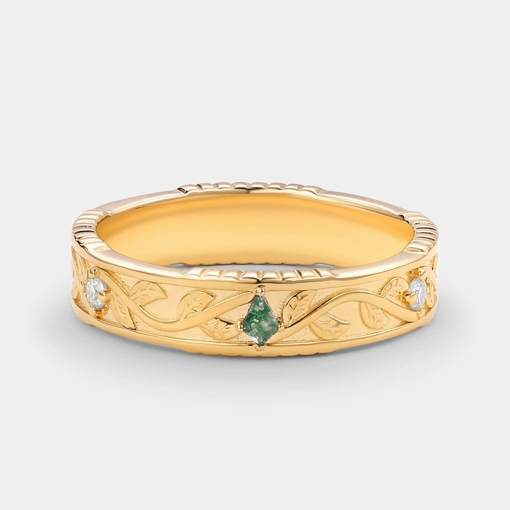 4.5mm Kite Moss Agate Leafy Men's Wedding Band Delicate Vibe Elegant Snap