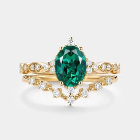 Oval Cut Emerald & Moissanite Yellow Gold Ring Set 2pcs - Heliux Trendy Gift