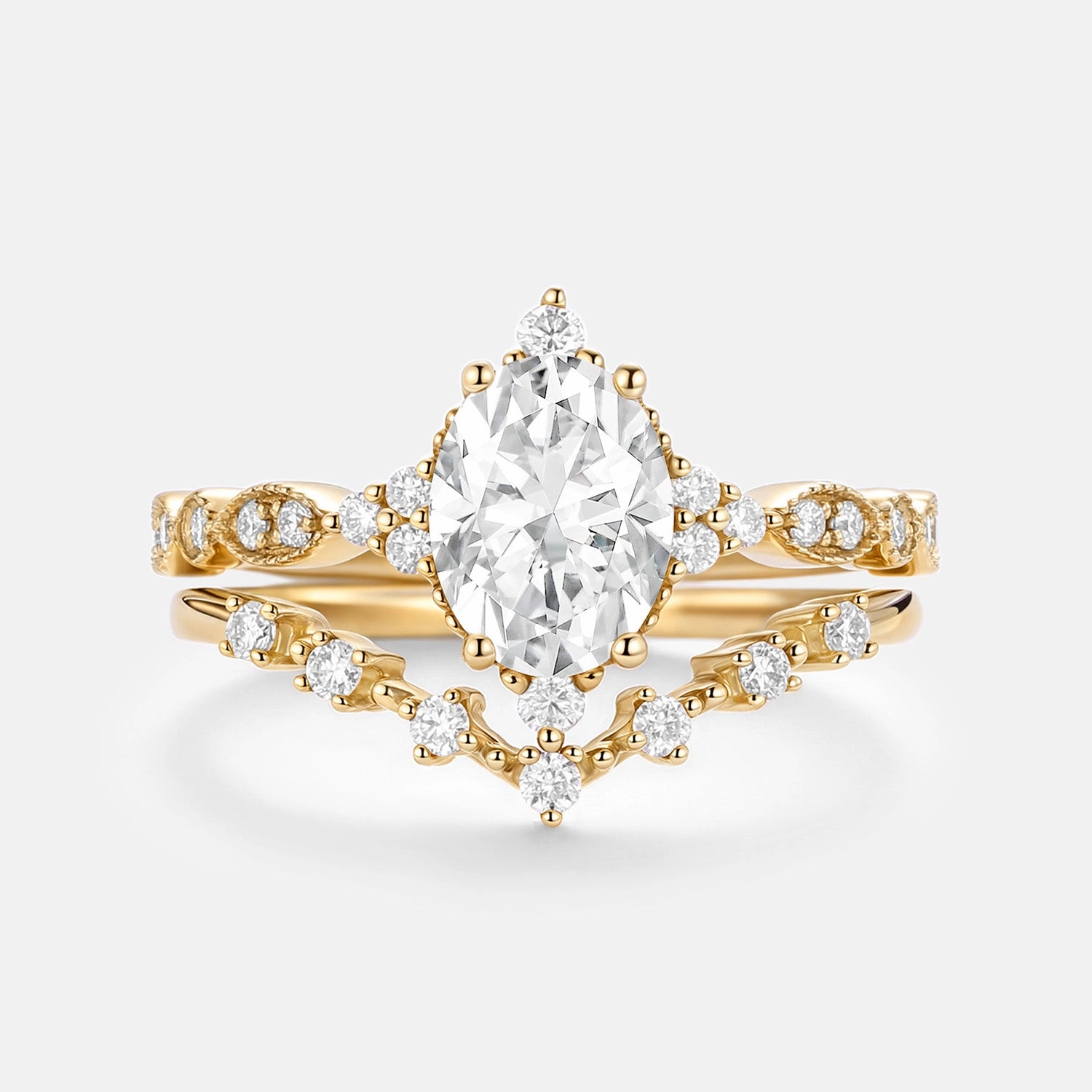 Oval Cut Emerald & Moissanite Yellow Gold Ring Set 2pcs - Heliux Distinctive Craft Refined Pieces